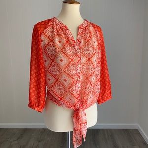 Sheer Geometric Tie Blouse Orange Gold White S